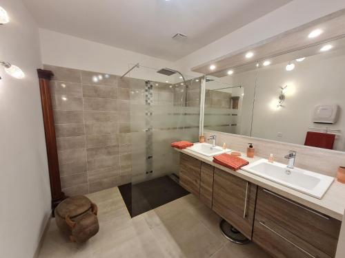 uma casa de banho com 2 lavatórios e um espelho grande em Mas Des Fugueyrolles em Cavaillon