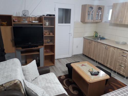 バニャ・コヴィリャチャにあるLazarev konak apartman kucicaのリビングルーム(ソファ、テーブル付)、キッチンが備わります。