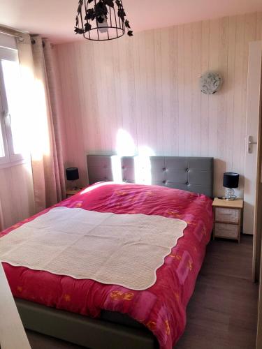 une chambre avec un grand lit avec une couverture rouge dans l'établissement L’annexe, à Lunéville