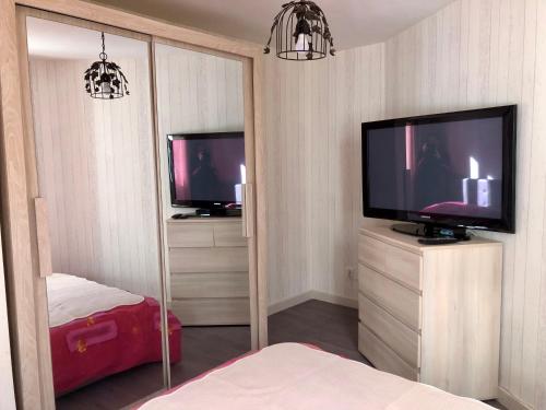 a bedroom with a mirror and a tv and a bed at L’annexe in Lunéville