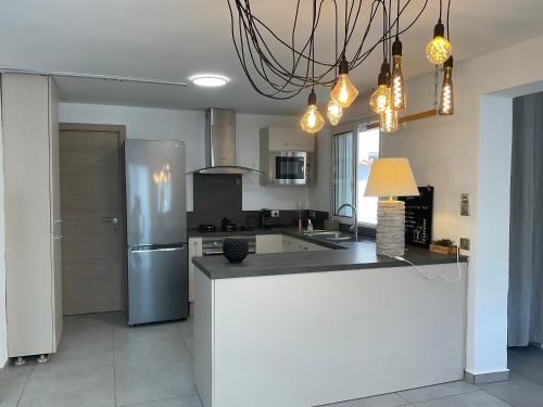 une cuisine avec un réfrigérateur et un plan de travail dans l'établissement VILLA OCEANE, à San-Nicolao