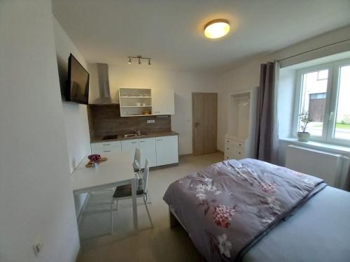 a bedroom with a bed and a desk and a kitchen at Penzion U strejčků in Veselí nad Lužnicí