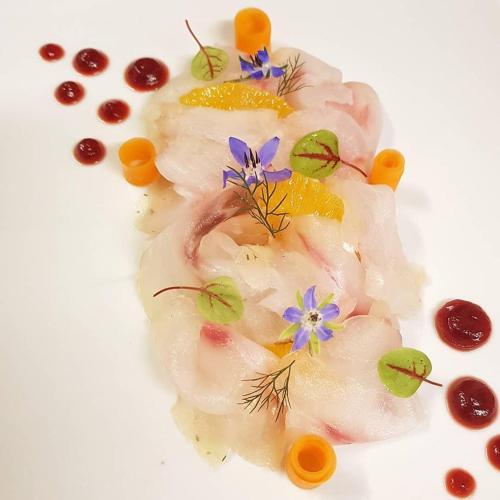 a dish with shrimp and flowers on a white plate at Hotel Parigi & Spa in Bordighera