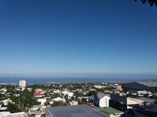 a view of a city with the ocean in the background at Le Bel Horizon in Le Tampon