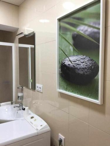 a bathroom with a picture of a tire on the wall at KubiK APARTAMENTOS K2 in Cáceres