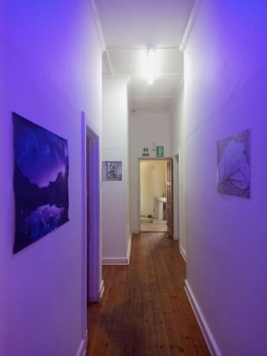 a hallway with a purple wall with paintings on it at Moonlight Guesthouse in Pretoria
