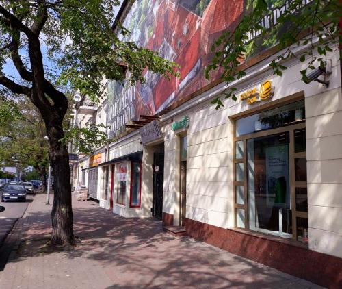 a building on the side of a street with a tree at Nowy Rynek 10 in Płock