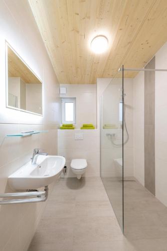 a bathroom with a sink and a toilet and a shower at Gästezimmer/Appartement Familie John in Veitsbronn