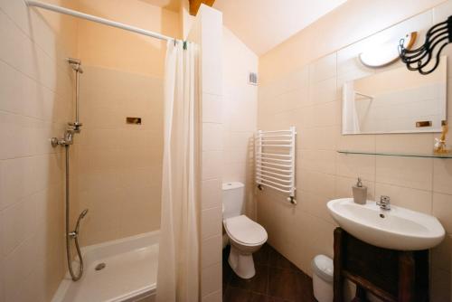 ein Badezimmer mit Toilette, Waschbecken und Dusche in der Unterkunft Gęsi Zakręt in Ustrzyki Dolne