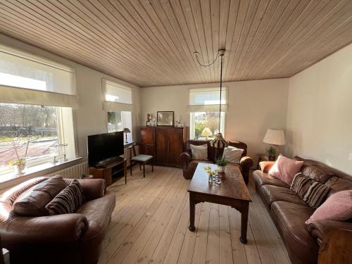 a living room with leather couches and a tv at Herlebo in Tønder