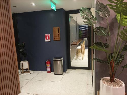 a hallway with a blue wall with a potted plant at The Nhorm Hotel Ratchada in Bangkok