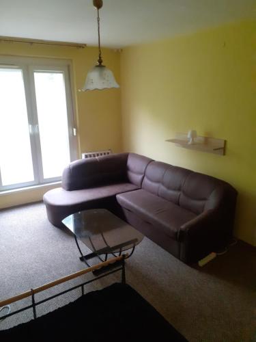 a living room with a leather couch and a table at Jókai Apartman Békéscsaba in Békéscsaba