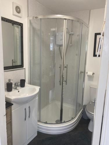 a bathroom with a shower and a sink at The Shed in Merthyr Tydfil