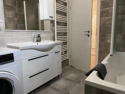 een badkamer met een wastafel en een wasmachine bij LEGA-LEGA in Osijek