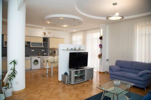 uma sala de estar com um sofá azul e uma televisão em SAHIL GARDEN Uzeir Gadgibekova Street em Baku