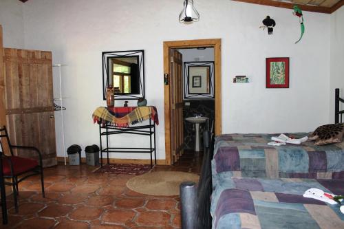 a bedroom with a bed and a mirror and a sink at Bosque de Paz Reserva Biologica in Toro Amarillo