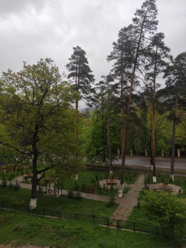 a park with trees and grass and a fence at Apartment Likani in Borjomi