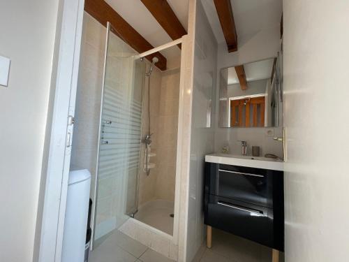 une salle de bain avec une douche à l'italienne et un lavabo dans l'établissement L'Abri Côtier, à Mimizan