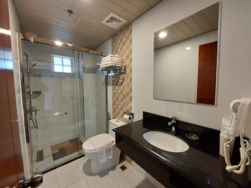 a bathroom with a sink and a shower and a toilet at 456 Hotel in Baguio