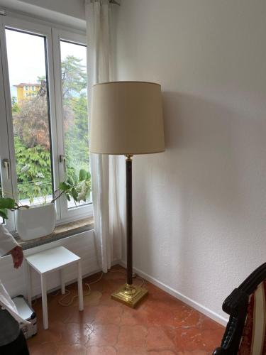 a lamp in the corner of a room with a window at Villa Incanto in Ascona