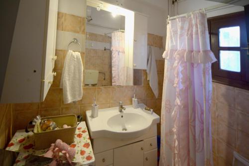 a bathroom with a sink and a mirror at Flora's Garden House - close to Schinias beach in Schinias