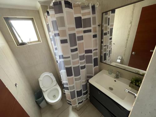 ein Badezimmer mit einem WC, einem Waschbecken und einem Spiegel in der Unterkunft Edificio don Tomas 3D in Antofagasta