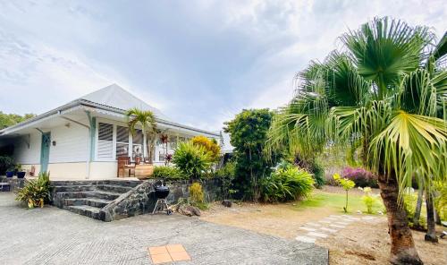 una casa con una palma di fronte di Villa Gaïa - Bungalow Ti-Zen et son jacuzzi niché dans un jardin tropical, séjour en amoureux a Le Diamant