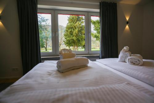 una camera da letto con due asciugamani bianchi su un letto con finestra di Rieslingresidenz a Traben-Trarbach