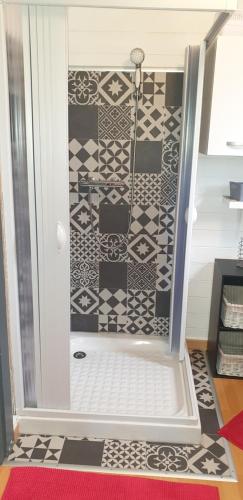 a shower in a room with a patterned wall at chalet Bati in Bonifacio