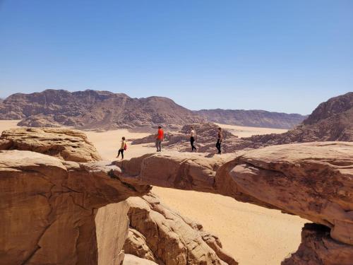 a group of people walking on rocks in the desert at Moon city camp in Wadi Rum