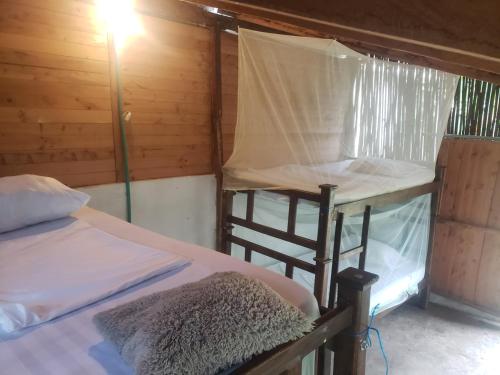 Zimmer mit 2 Etagenbetten in einer Hütte in der Unterkunft Maria Mulata Palomino in Palomino