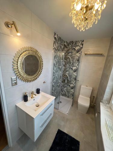 y baño con lavabo, espejo y aseo. en Comfort Zone Ostróda Villa Apartment C en Ostróda