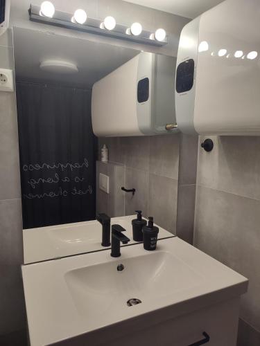 a bathroom with a white sink and a mirror at Apartman Dux 2 in Karlovac