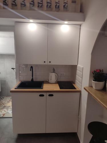 a kitchen with white cabinets and a sink at Apartman Dux 2 in Karlovac