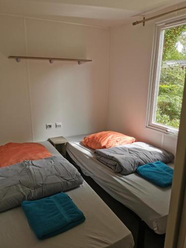 deux lits dans une chambre avec une fenêtre dans l'établissement mobilhome 29, à Pont-Aven