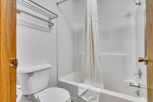 a small bathroom with a toilet and a shower at Autumn Creek Branson in Branson