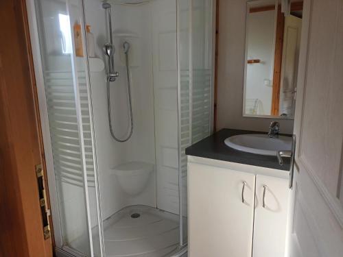 ein Bad mit einer Dusche, einem WC und einem Waschbecken in der Unterkunft Chalet 1 au coeur des volcans in Bromont-Lamothe