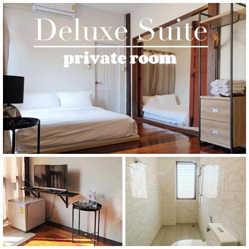 a collage of pictures of a bedroom with a bed and a table at ฮักเคียงโขง HUG Khieng Khong Nongkhai Hostel in Nong Khai