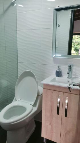 y baño con aseo, lavabo y espejo. en HABITACION AMOBLADA SECTOR LAURELES-ESTADIO hasta 3 personas Santorini, en Medellín