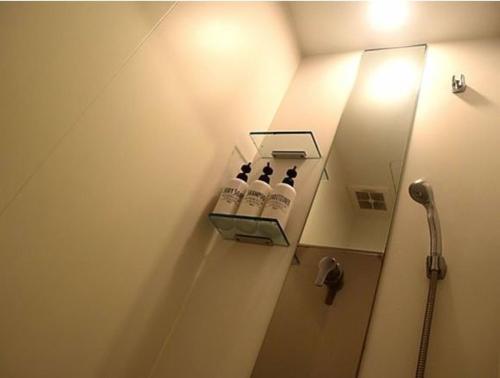 a bathroom with a shower and a shelf with bottles at ゴールデンマイルホステル３Ｆ完全個室Aタイプ in Amami