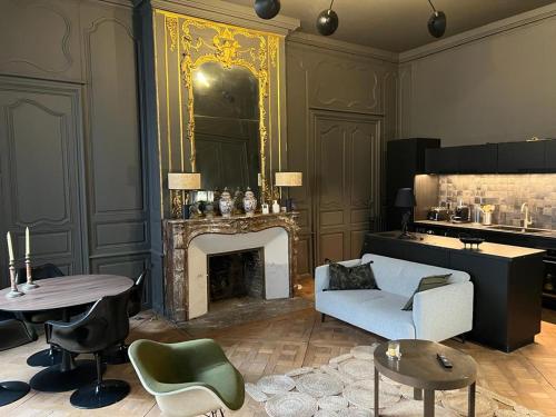 a living room with a couch and a fireplace at Luxueux 2 pièces 65m2 Hôtel Particulier XVII ième siècle-Centre Historique Clermont-Ferrand in Clermont-Ferrand