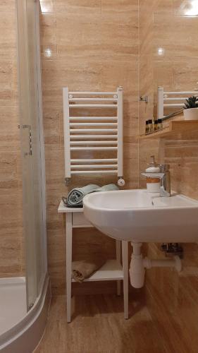 a bathroom with a white sink and a tub at Mewa in Sztutowo