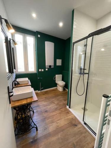 une salle de bain avec une douche, un lavabo et des toilettes dans l'établissement SETE Bel appartement rénové. Superbe emplacement., à Sète