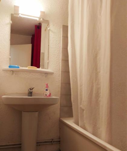 une salle de bain avec un lavabo et un rideau de douche dans l'établissement T2 au calme, entre mer et pinède., à Six-Fours-les-Plages