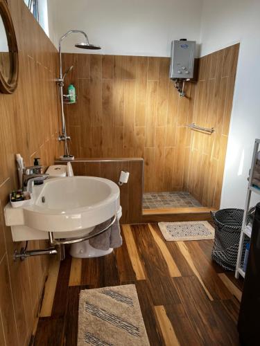 a bathroom with a sink and a shower at Cosy Seaview in Pointe aux Sable