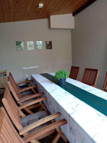 a room with a table with chairs and a potted plant at Borostyán Vendégház Eger in Eger