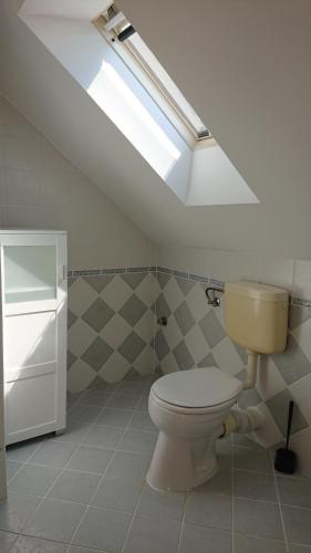 a bathroom with a toilet and a skylight at Hotel Napsugár in Balatonmáriafürdő