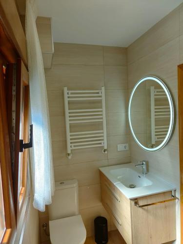 a bathroom with a toilet and a sink and a mirror at Casa Flori in Celorio