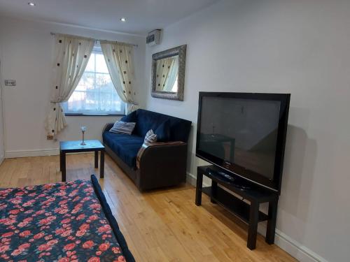 a living room with a blue couch and a flat screen tv at Apartment & Rooms in London in Croydon
