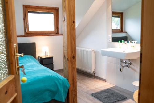 - une petite salle de bains avec un lavabo et un lit dans l'établissement Appartement Haus Kruschitz II, à Ludmannsdorf